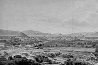 "Vista de Santiago de Chile desde el cerro de Santo Domingo". Brambila, Fernando (1764 - 1834) Tinta, aguada sepia / papel verjurado, 39 x 61,4 cm. 1793.
