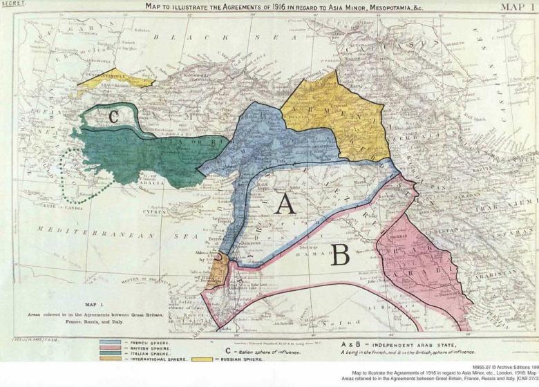 Mapa que ilustra el acuerdo  Sykes-Picot de 1916